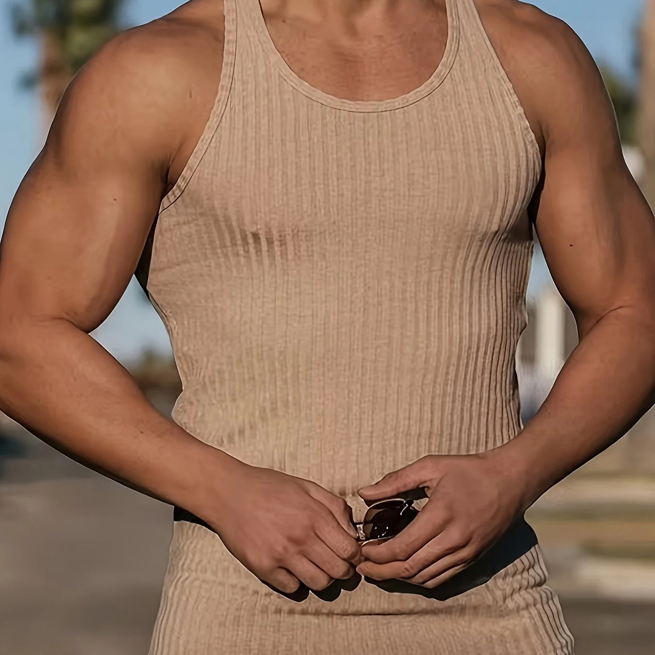 Bram | Effen kleur streep patroon gebreide ronde hals tanktop - Image 15