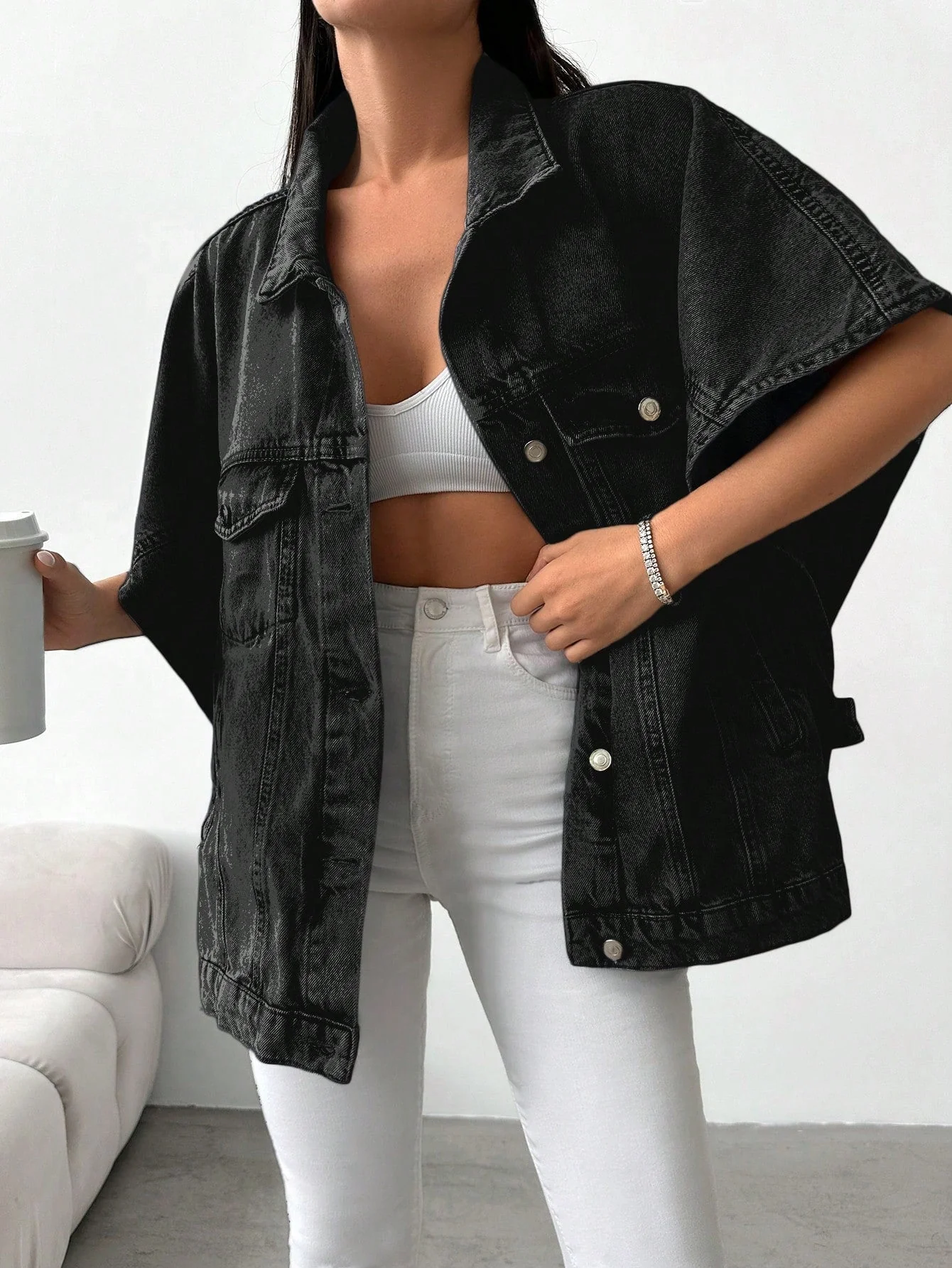 Denimjas met losse pasvorm en halve mouwen - Image 3