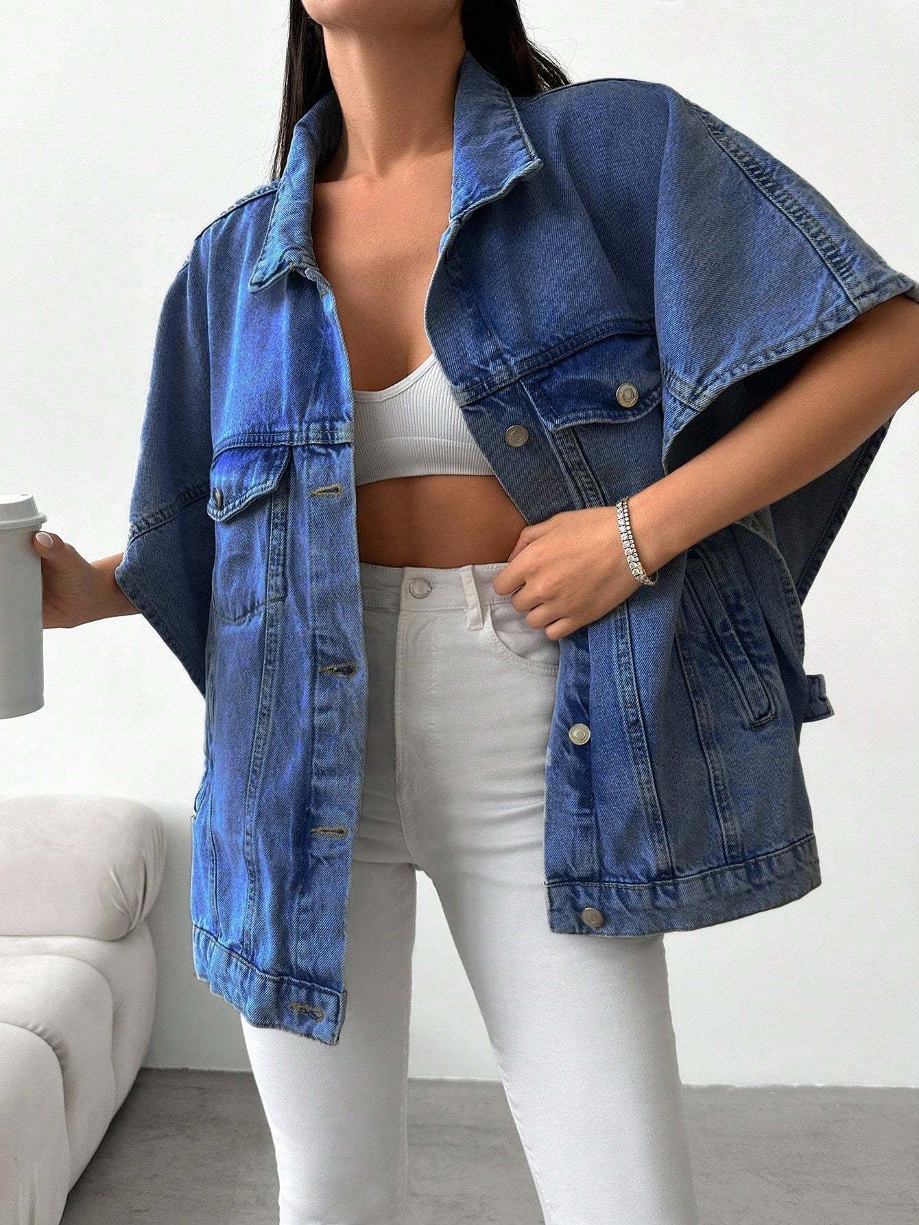 Denimjas met losse pasvorm en halve mouwen - Image 5