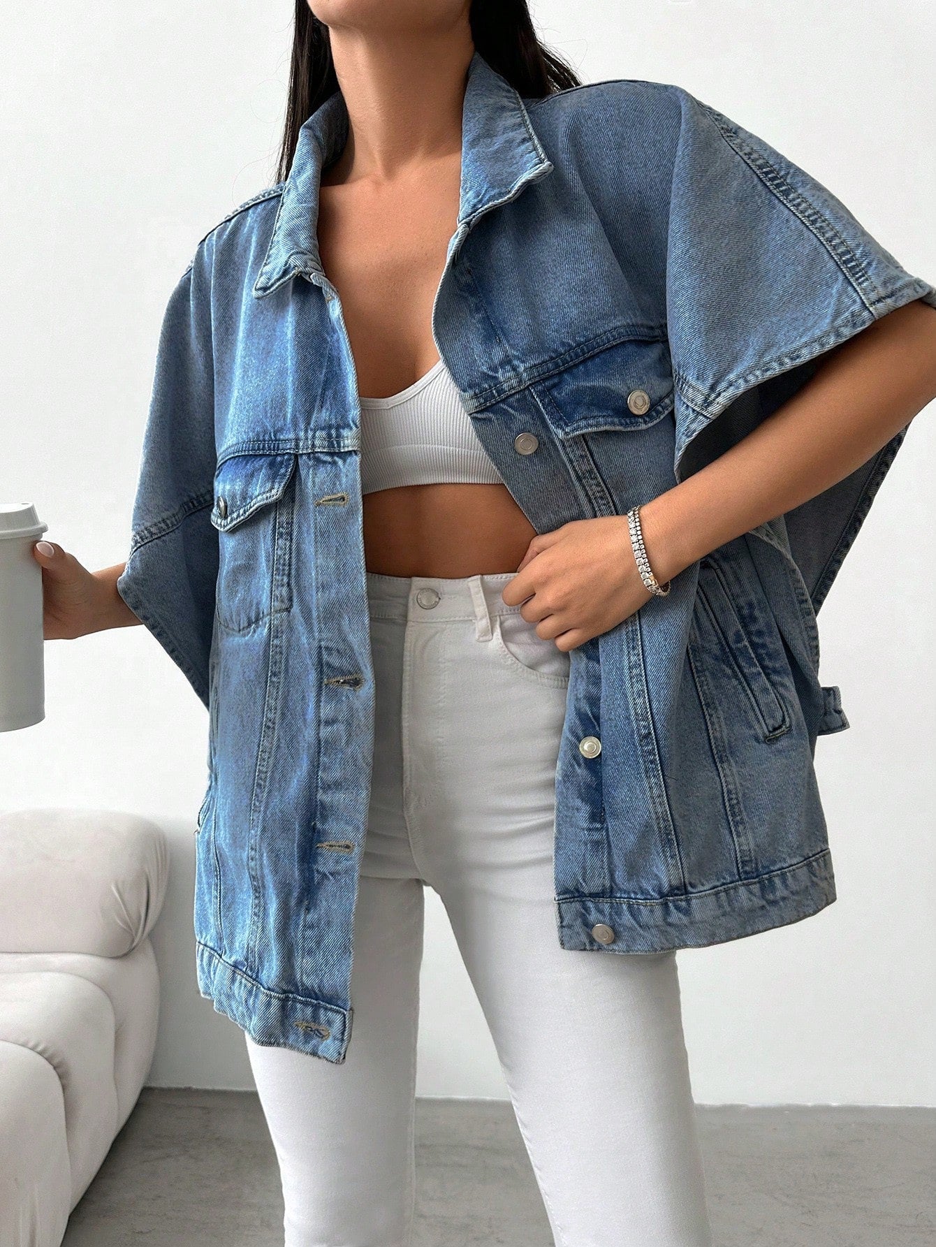 Denimjas met losse pasvorm en halve mouwen - Image 6