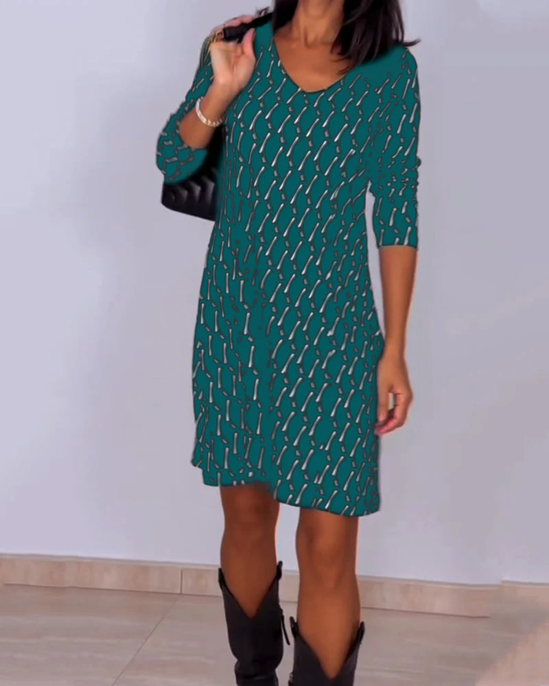 Diamond print v-hals jurk - Image 7