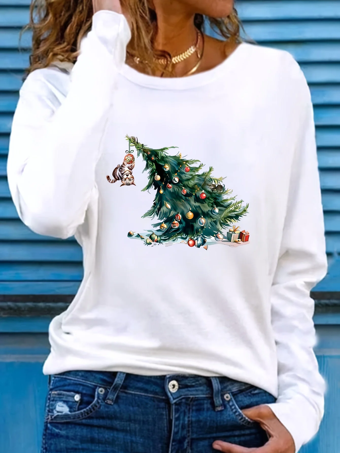Elise | Feestelijk kerstboom print lange mouw t-shirt