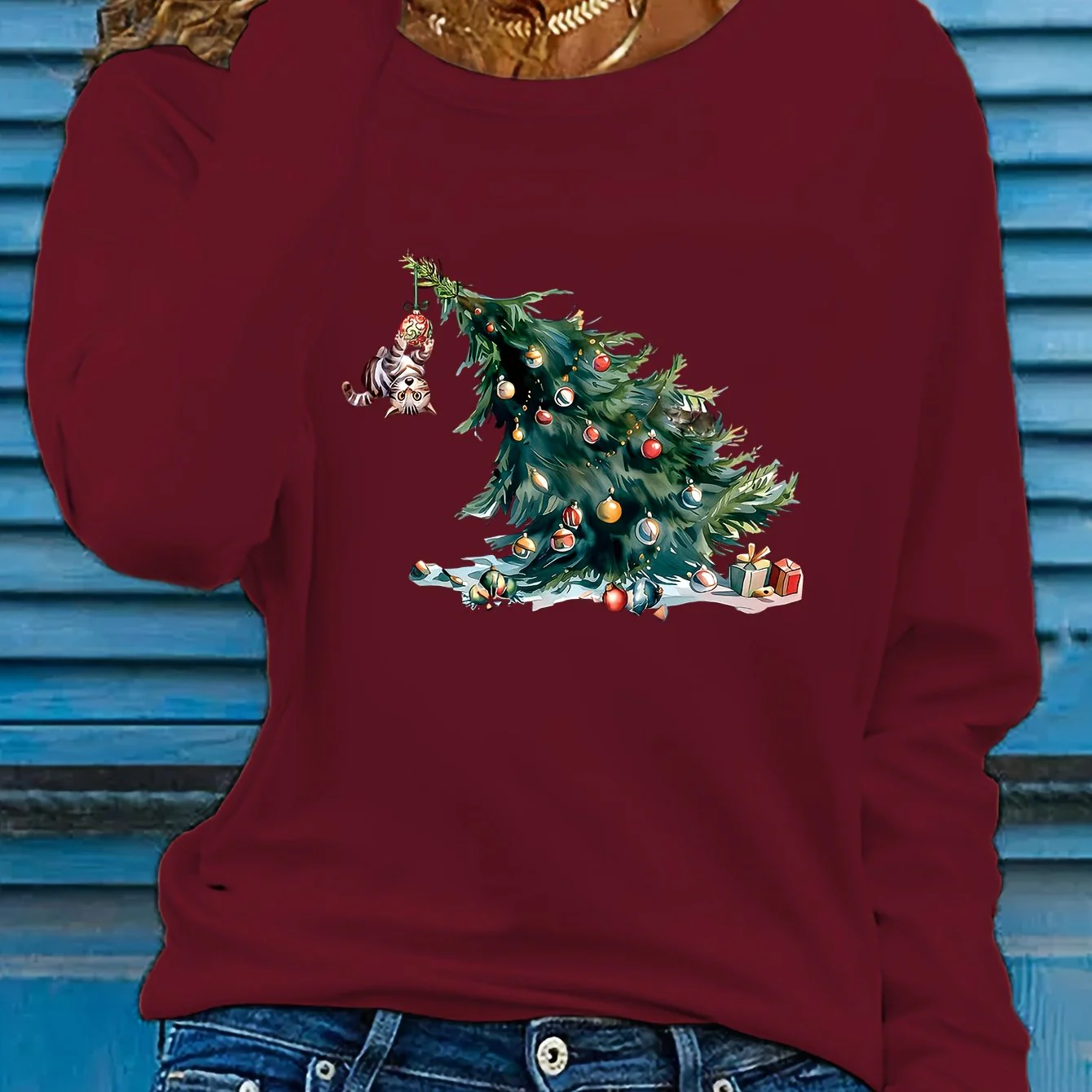Elise | Feestelijk kerstboom print lange mouw t-shirt - Image 13