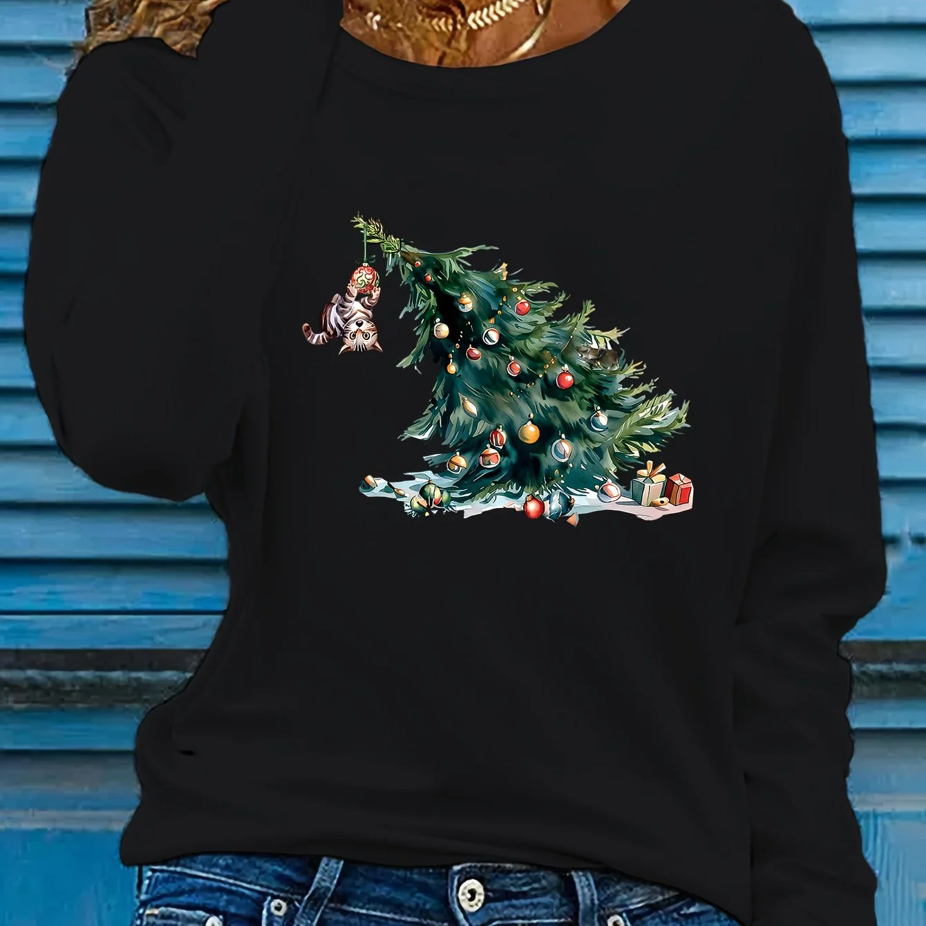 Elise | Feestelijk kerstboom print lange mouw t-shirt - Image 15