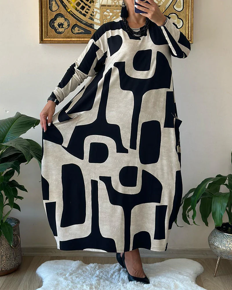 Jurk met lange mouwen en zwart witte print - Image 2