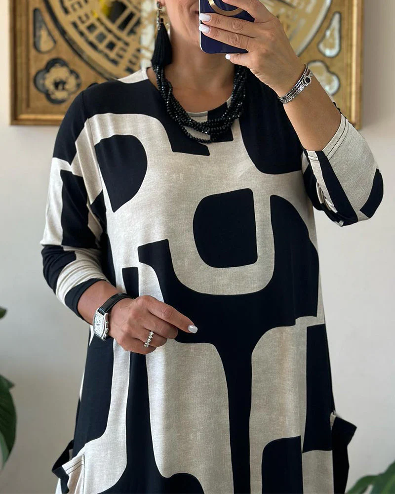 Jurk met lange mouwen en zwart witte print - Image 3