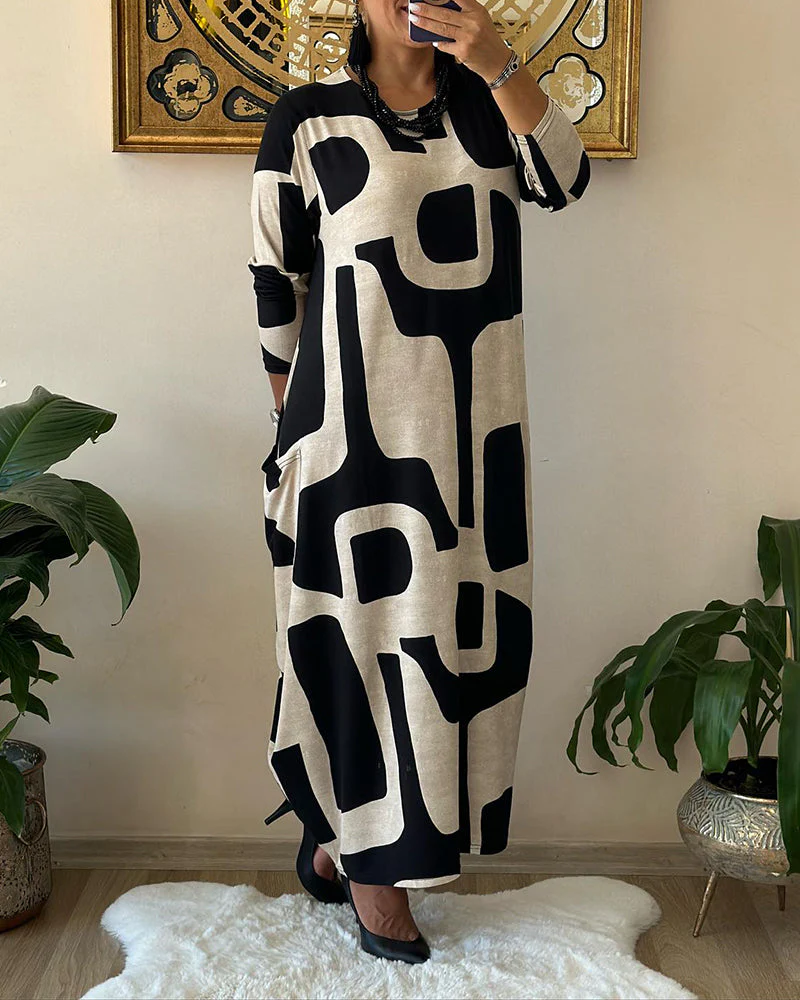 Jurk met lange mouwen en zwart witte print - Image 4