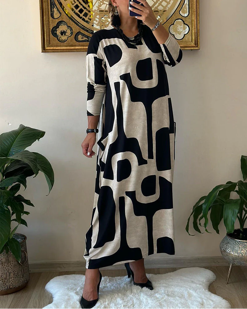 Jurk met lange mouwen en zwart witte print - Image 5