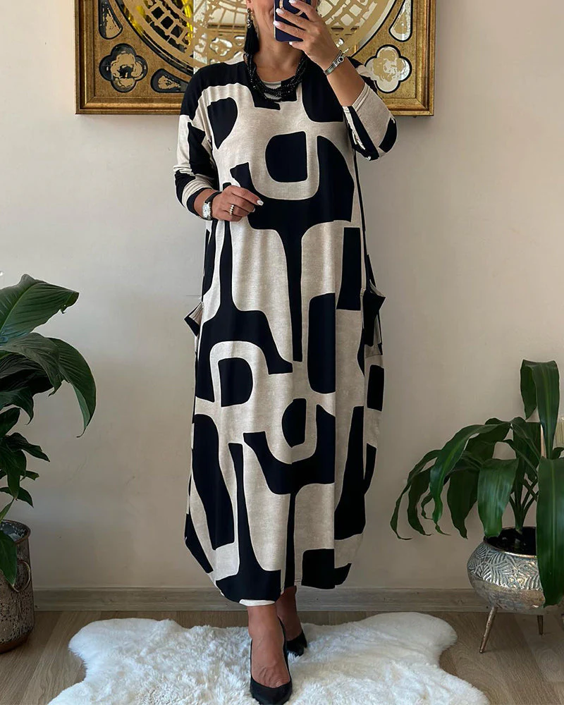 Jurk met lange mouwen en zwart witte print - Image 7