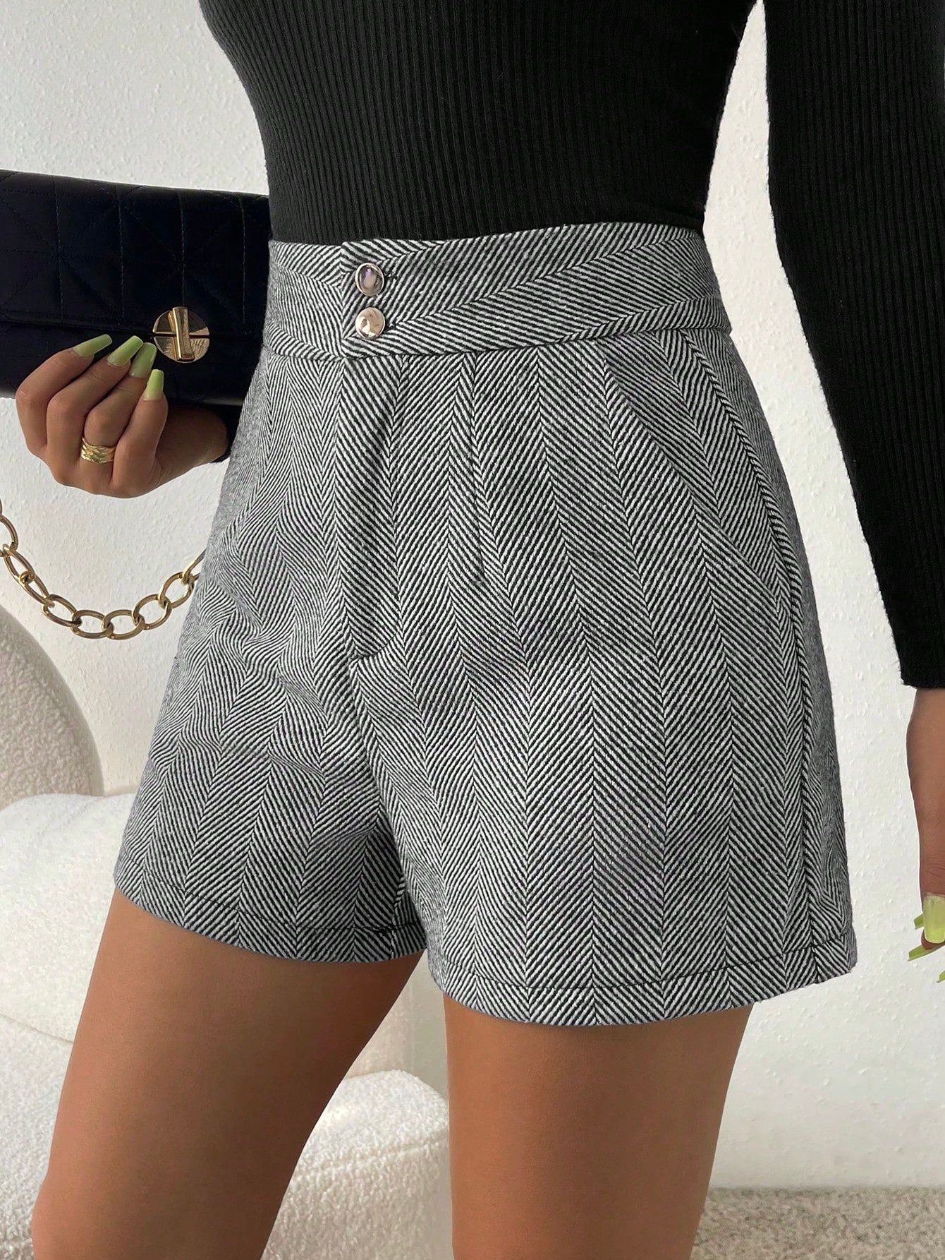 Korte broek met visgraatmotief en hoge taille - Image 6