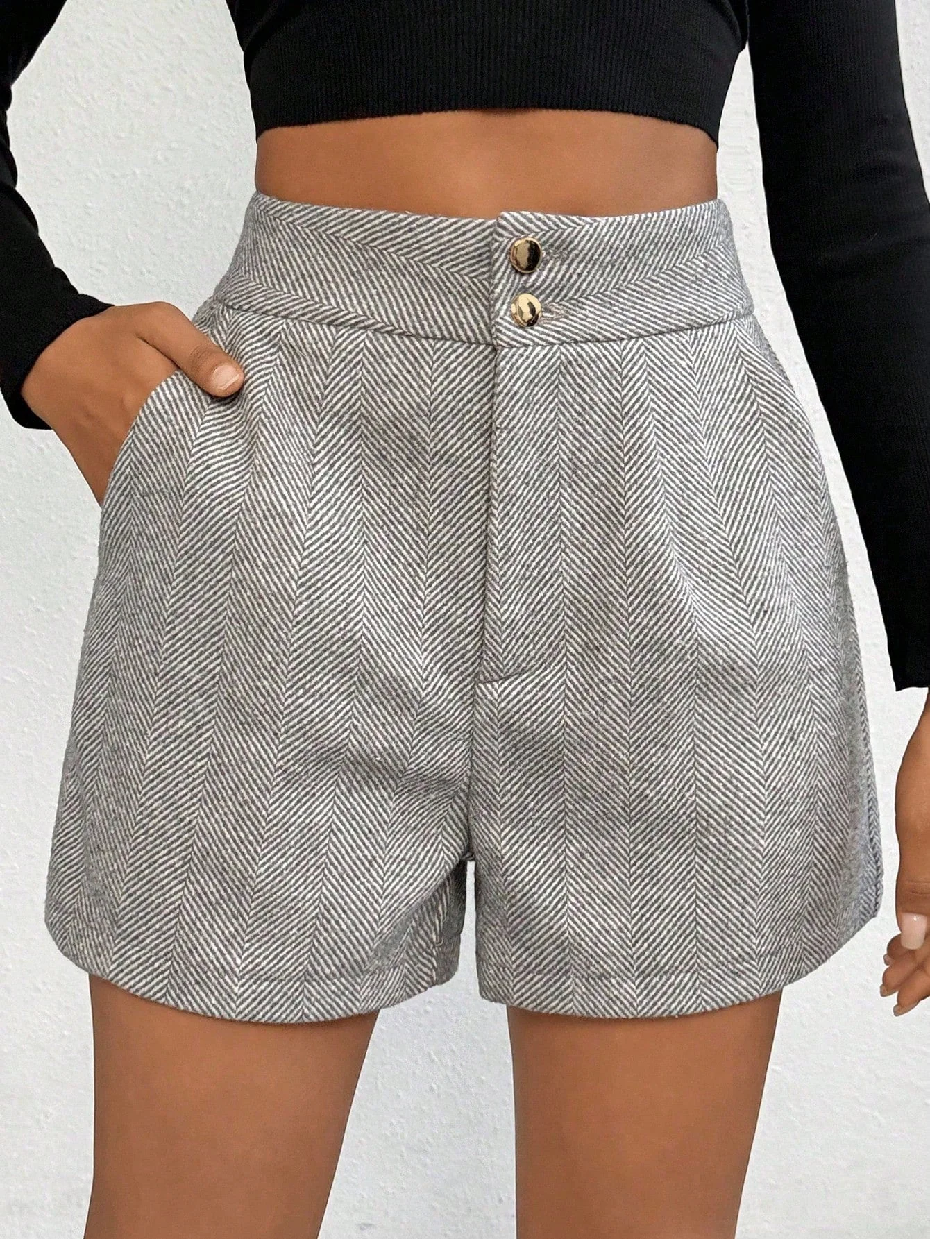Korte broek met visgraatmotief en hoge taille - Image 7