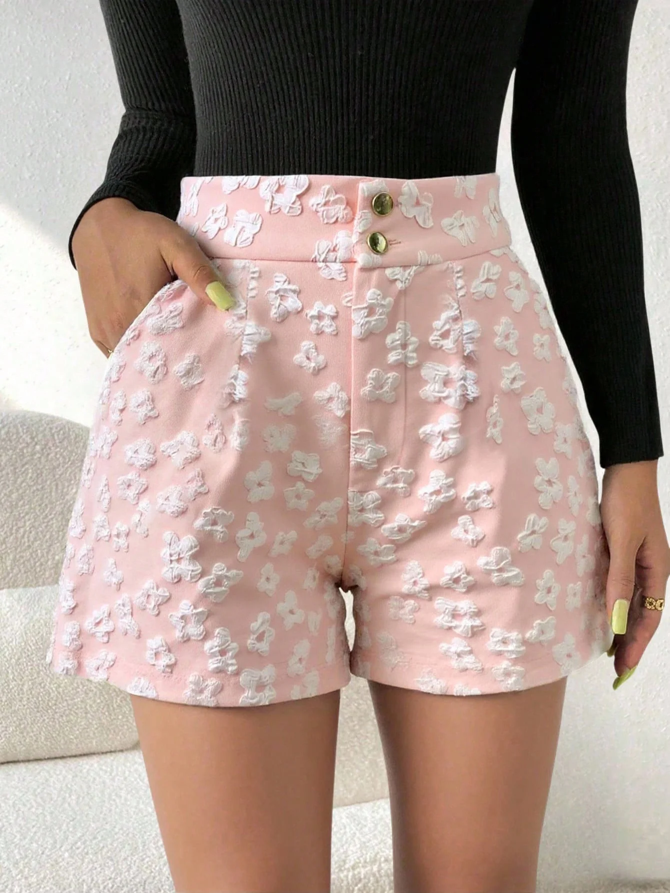 Korte broek met visgraatmotief en hoge taille - Image 9