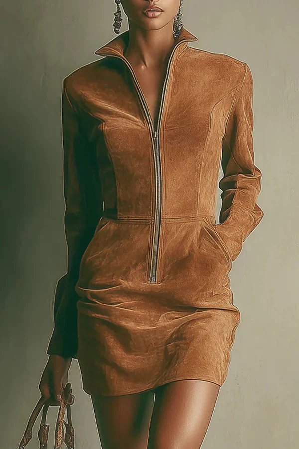 Korte suede jurk met hoge rits en lange mouwen - Image 3