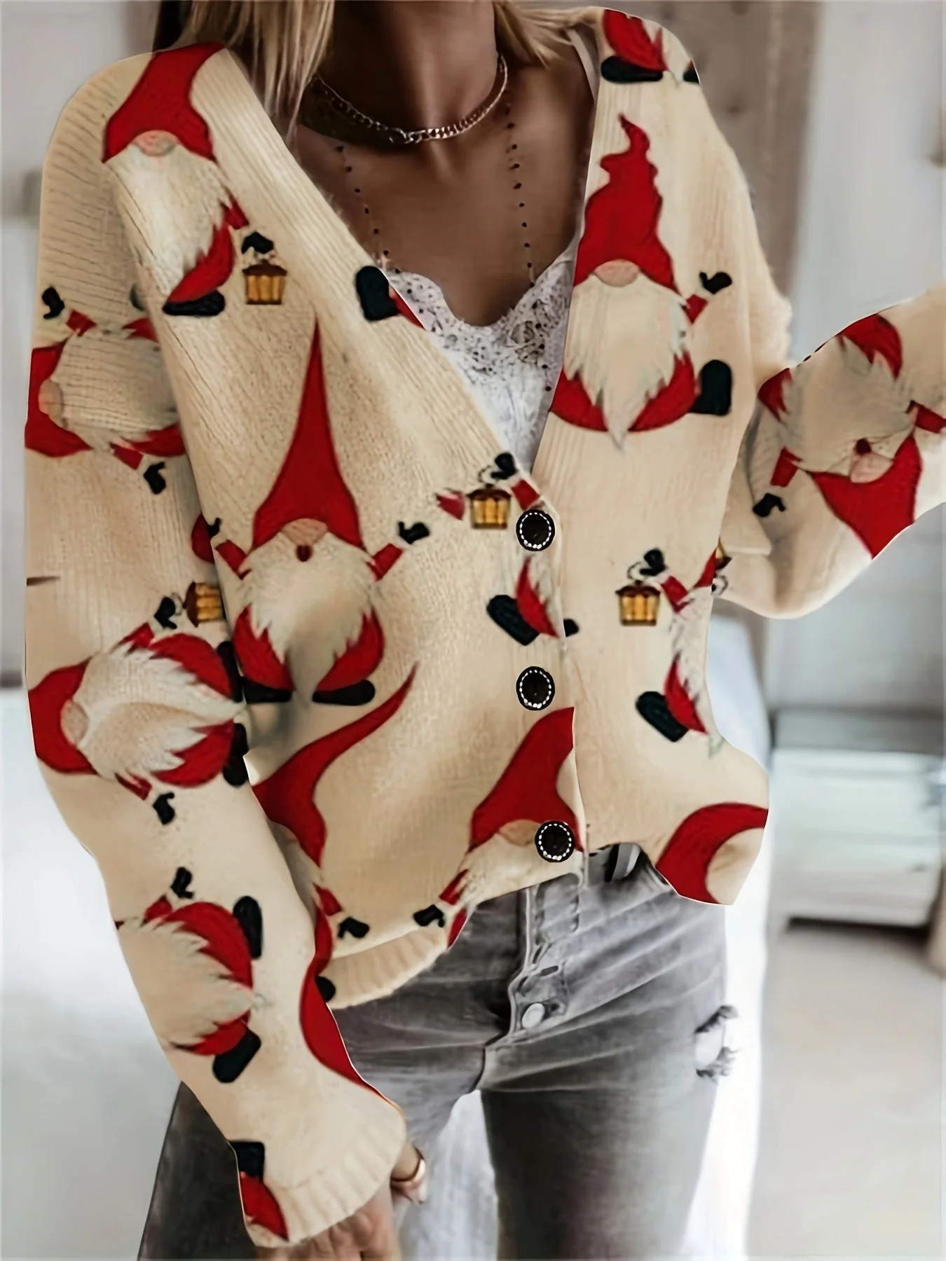 Lara | Gezellig kerstman print vest met lange mouwen en V-hals