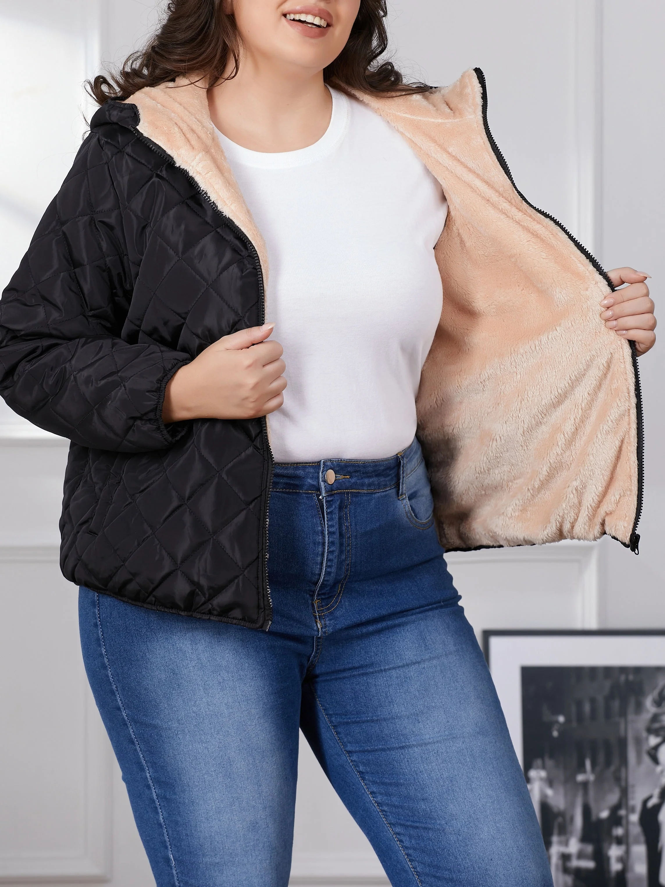 Lara | Plus size kleurblok gewatteerde jas met capuchon - Image 3