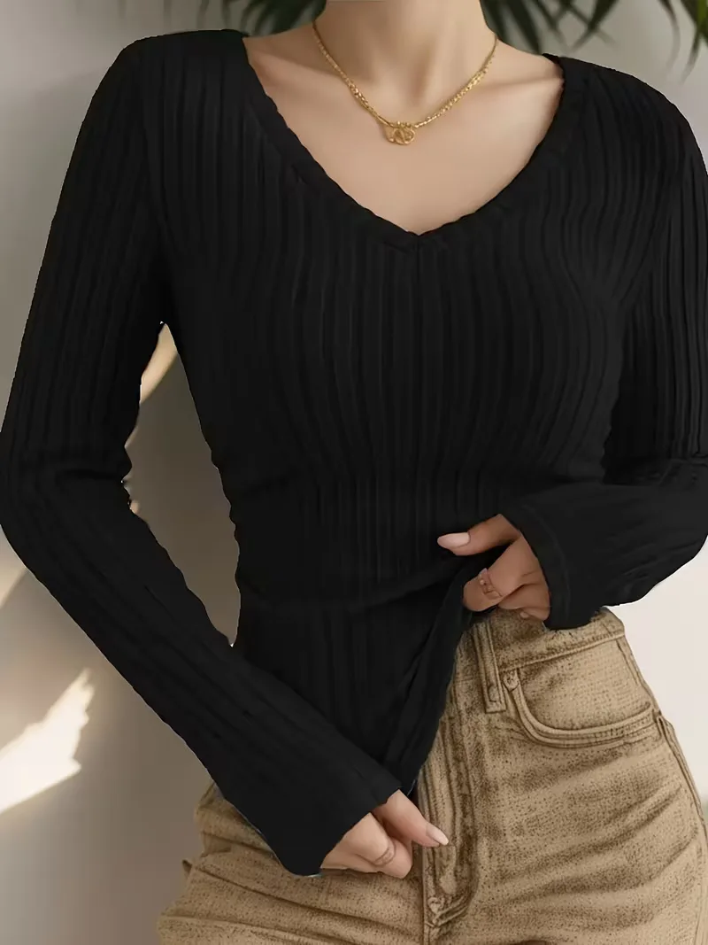 Longsleeve met V-hals en ribbelstructuur - Image 13