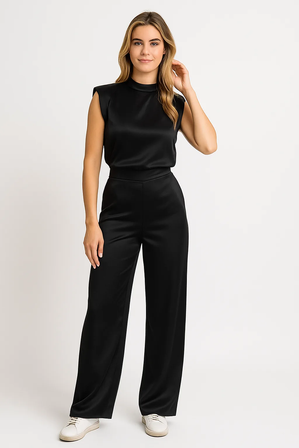 Mouwloze jumpsuit met luxe satijnlook en wijde pijpen - Image 10