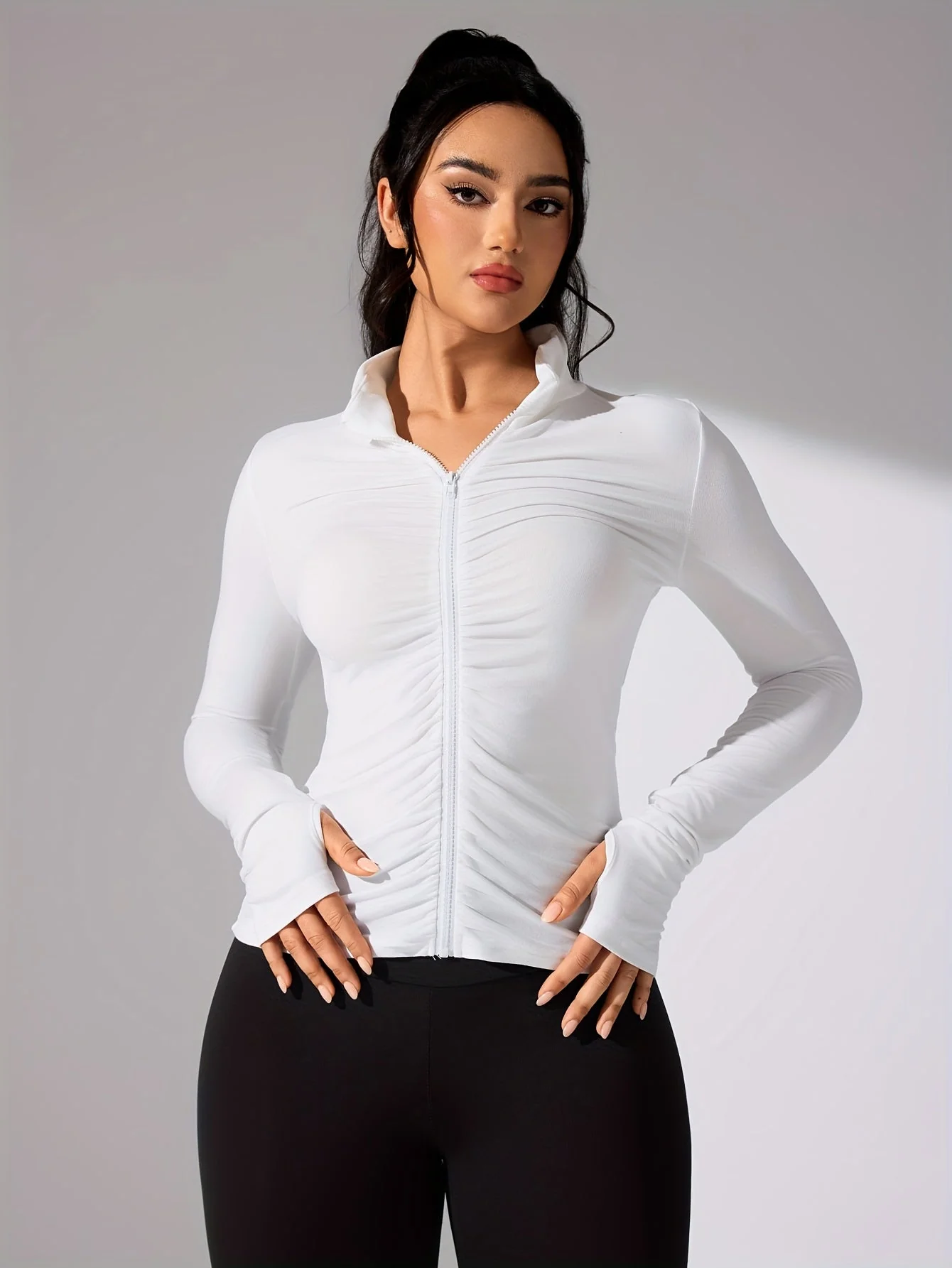Nina | Effen kleur casual sportjack met lange mouw en volledige rits - Image 5