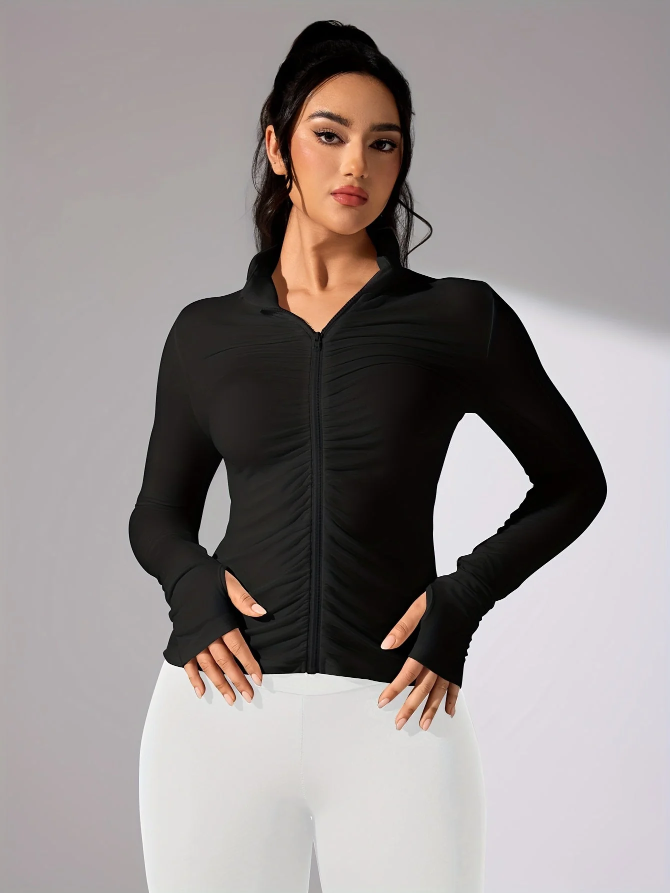 Nina | Effen kleur casual sportjack met lange mouw en volledige rits - Image 6