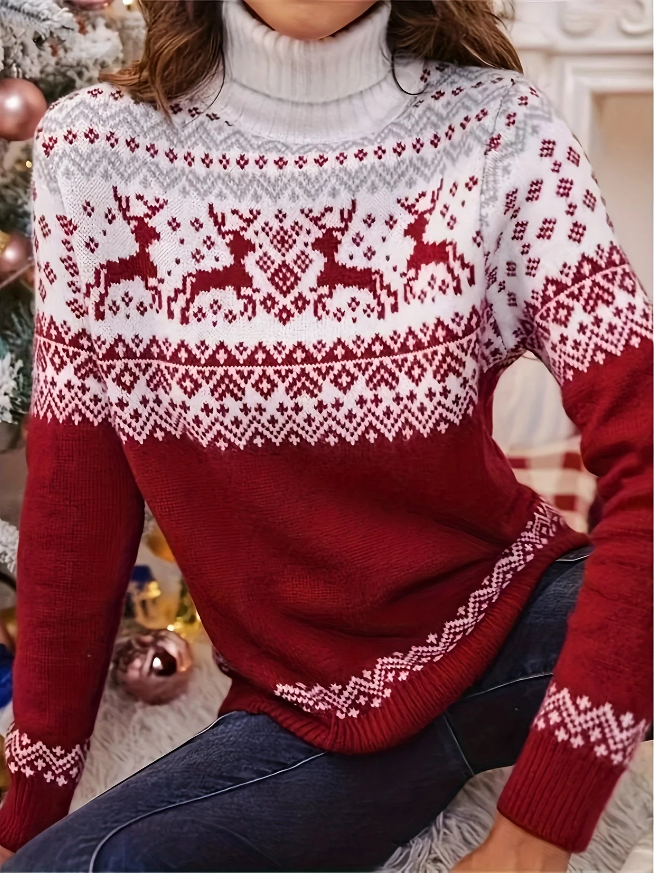Noa | Casual trui met kersthertenprint en col