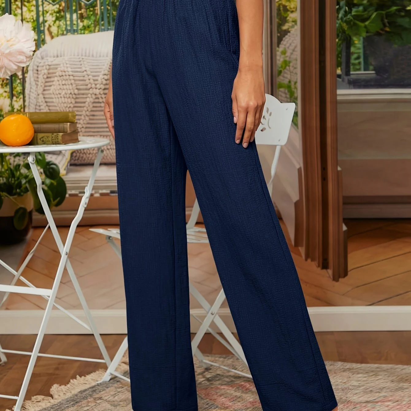 Noa | Effen getextureerde broek met rechte pijpen en elastische taille - Image 4
