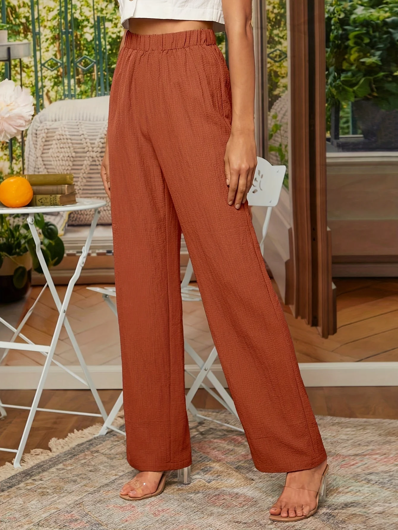 Noa | Effen getextureerde broek met rechte pijpen en elastische taille - Image 6