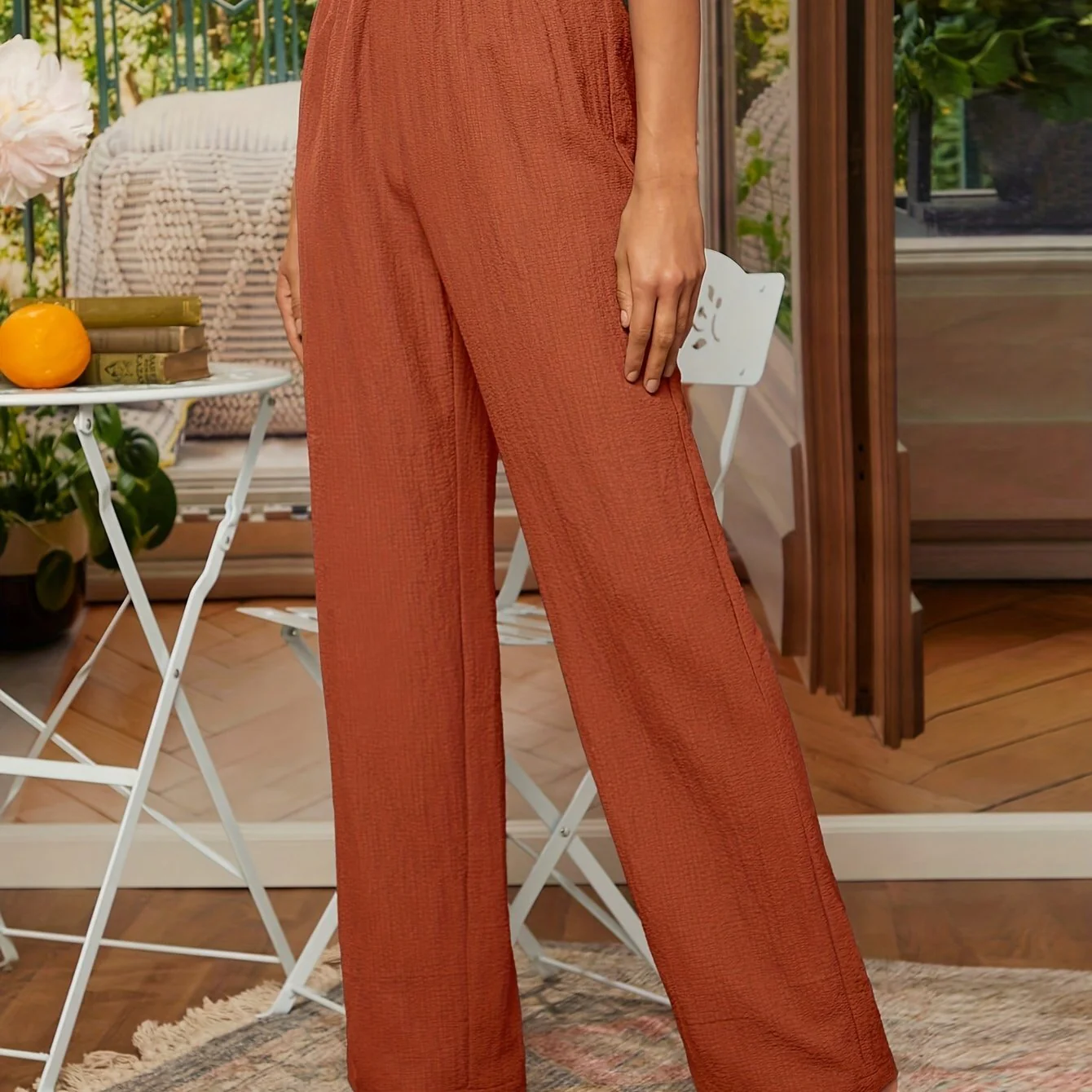 Noa | Effen getextureerde broek met rechte pijpen en elastische taille - Image 9