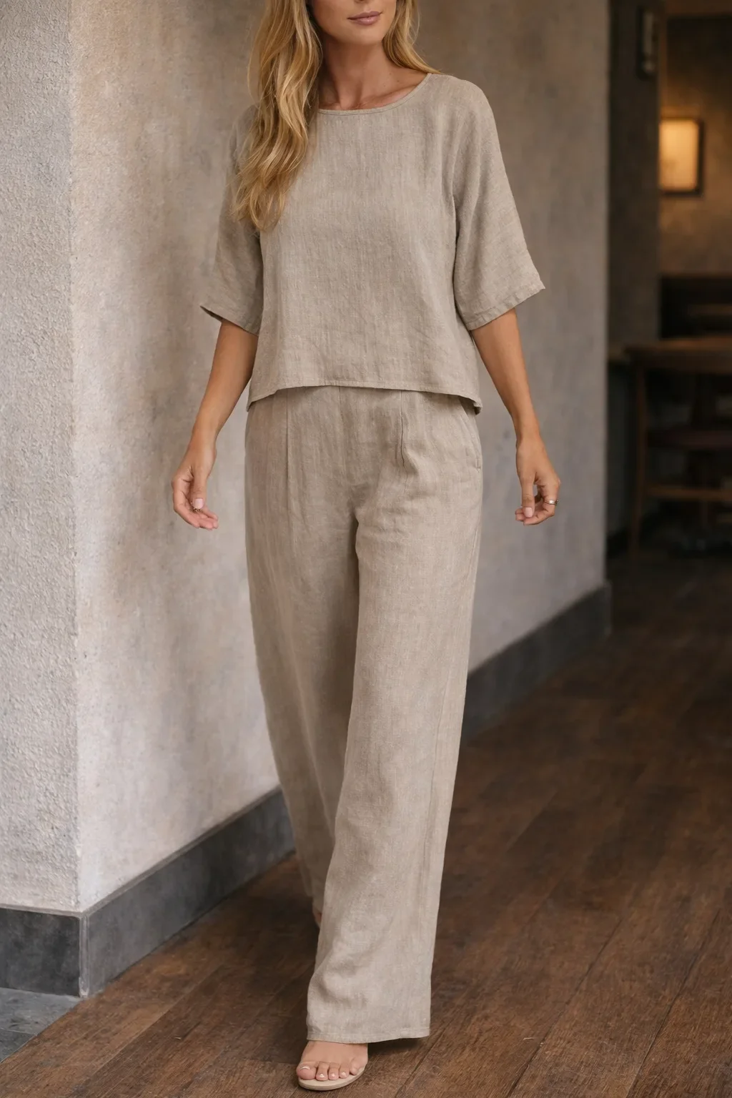 Linnen dames Set met wijde broek en korte mouwen