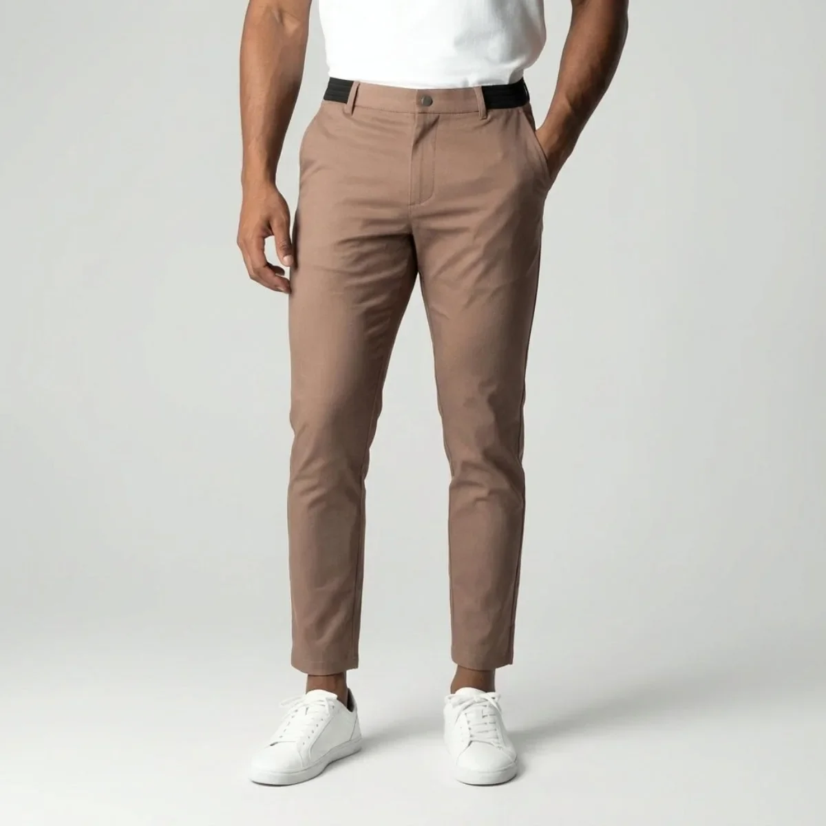 Slim fit lichtbruine stretch broek met elastische tailleband - Image 3