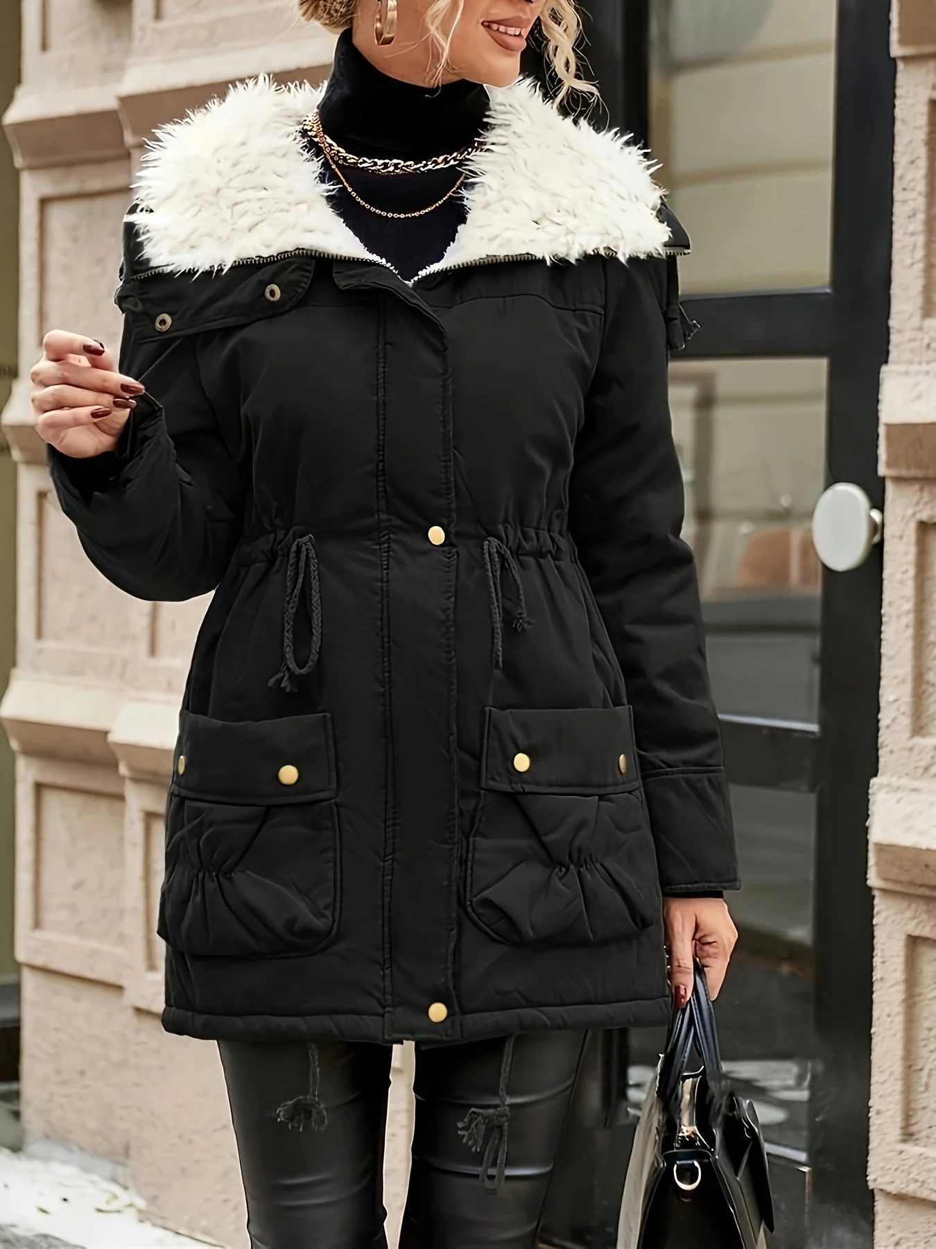 Sophie | Warme ritsbare imitatiebont jas met trekkoord taille - Image 6