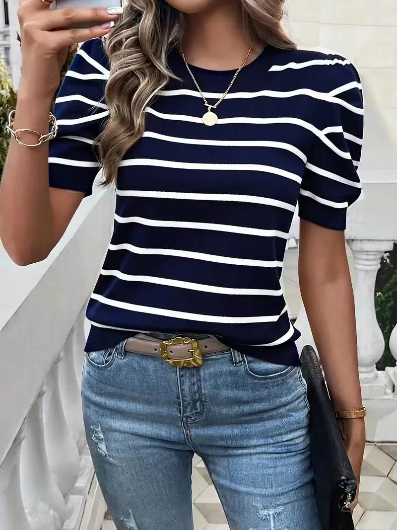 T-shirt dames met strepen en puffed sleeves - Image 10