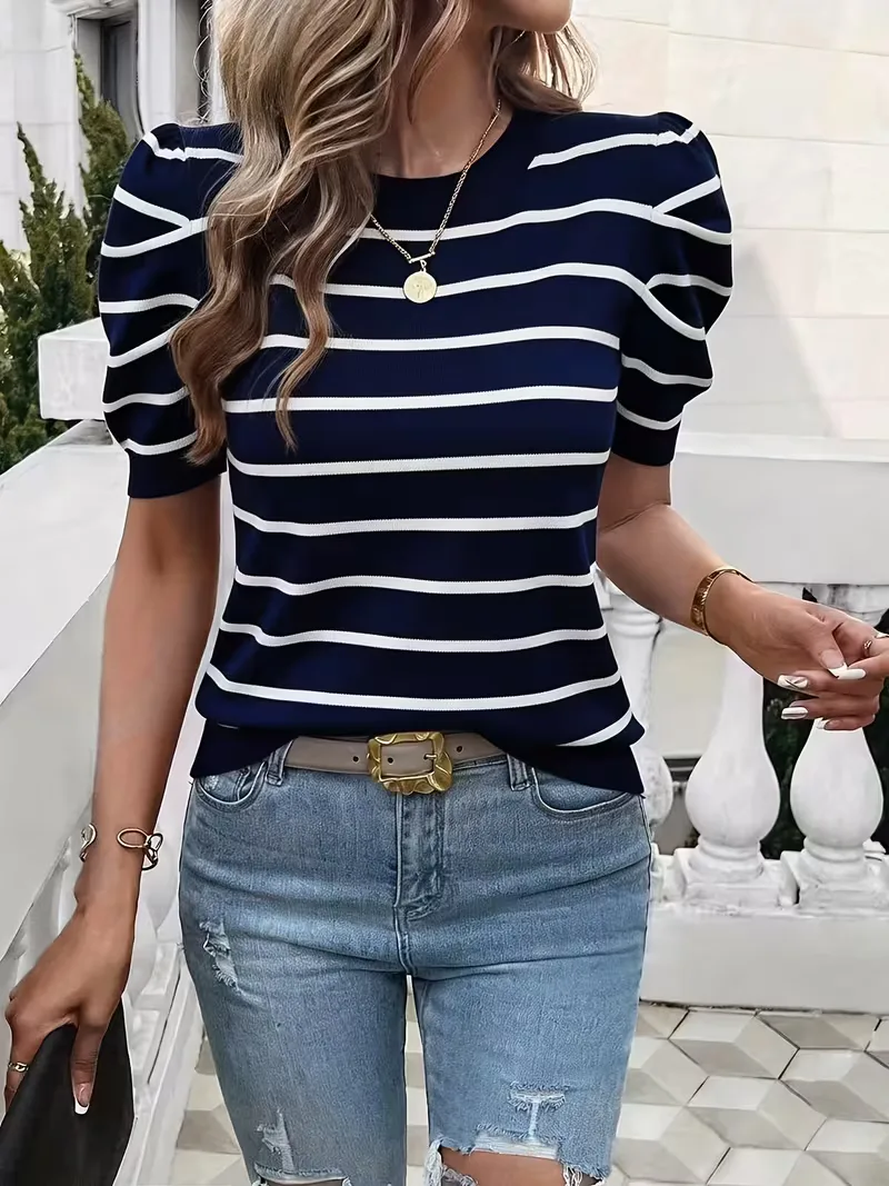 T-shirt dames met strepen en puffed sleeves - Image 11