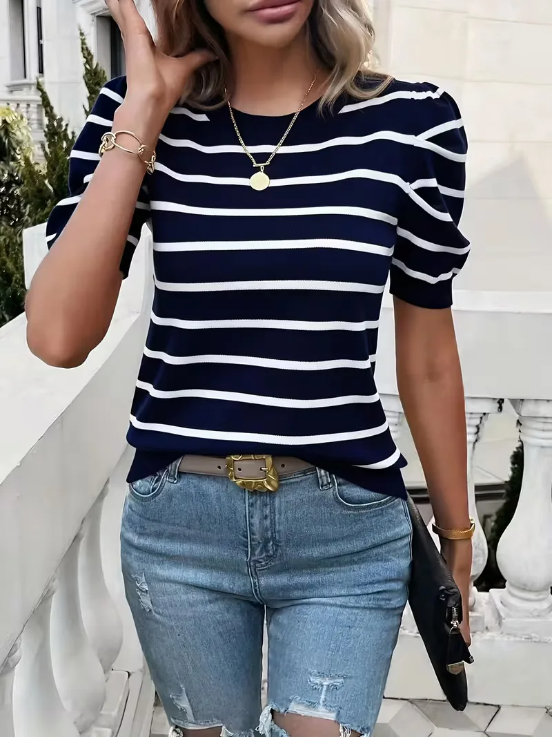 T-shirt dames met strepen en puffed sleeves - Image 12