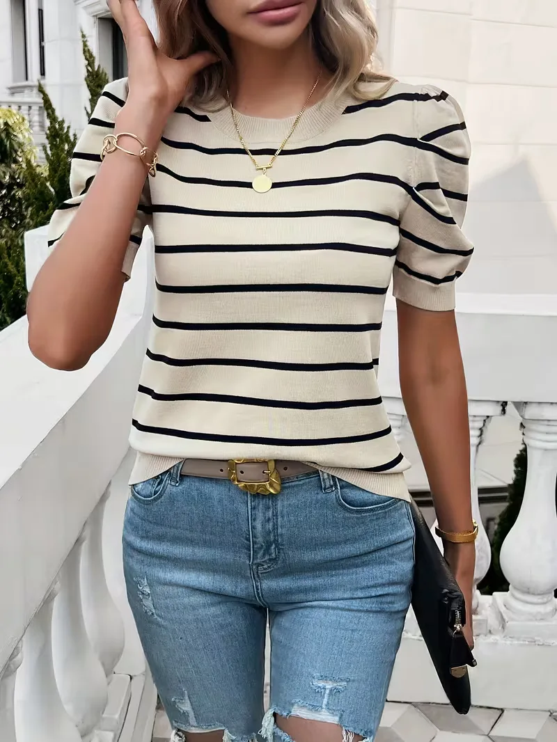 T-shirt dames met strepen en puffed sleeves - Image 6