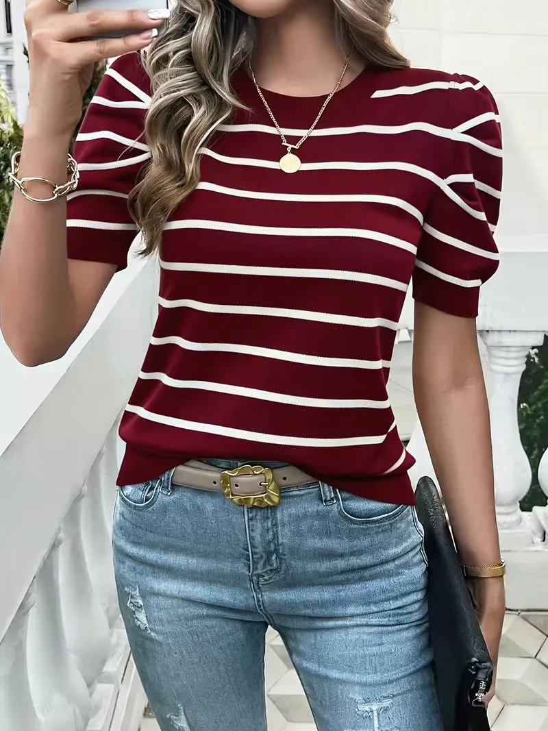 T-shirt dames met strepen en puffed sleeves - Image 7