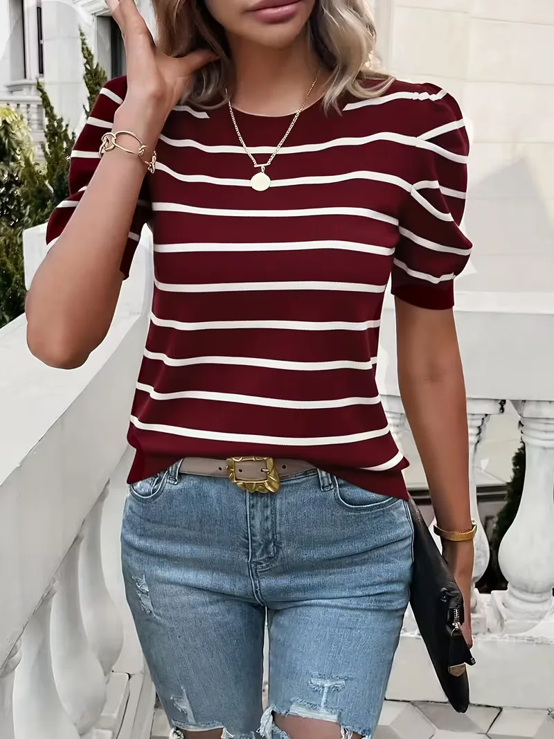 T-shirt dames met strepen en puffed sleeves - Image 9