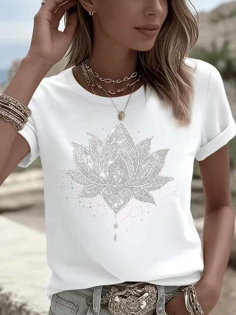 T-shirt met lotus bloemenprint - Image 13
