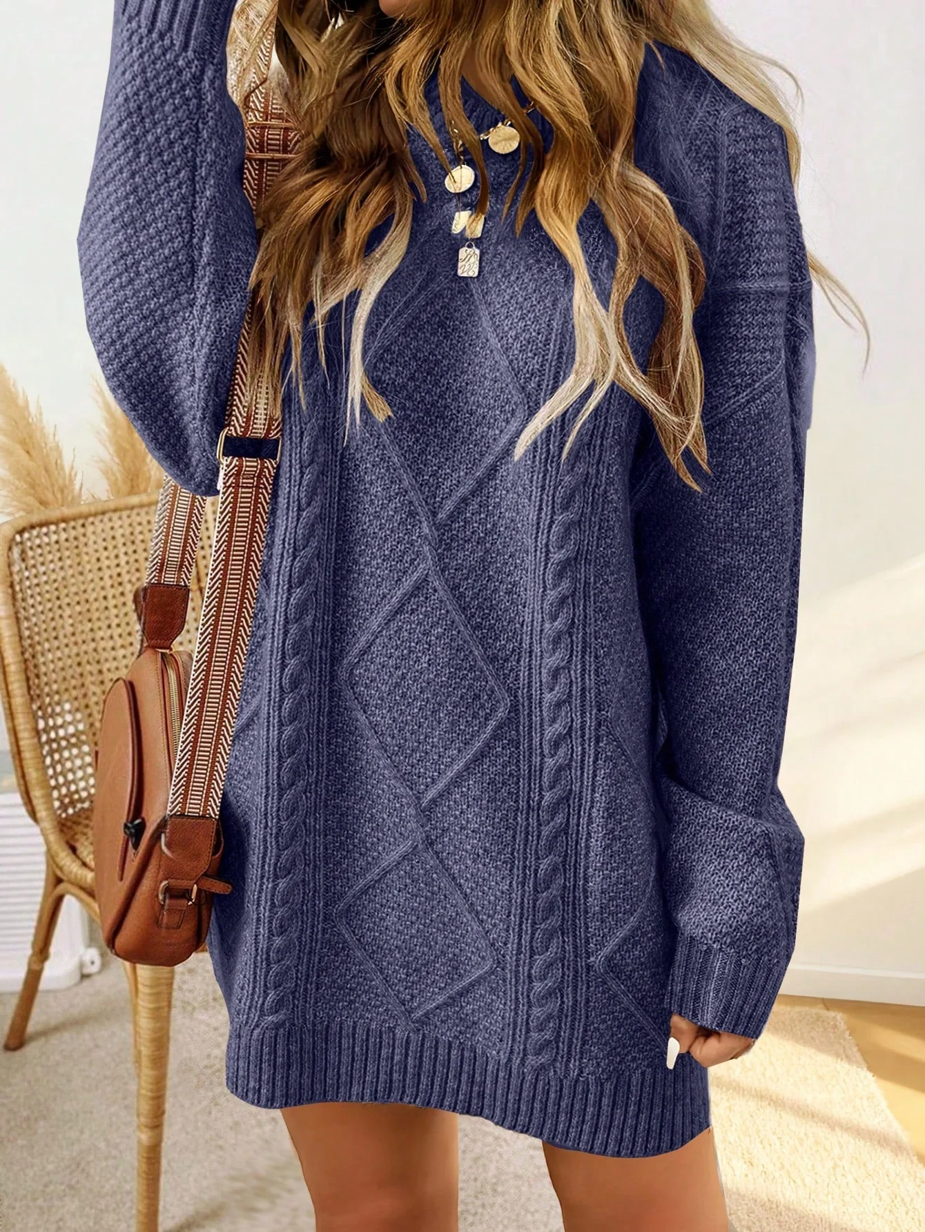 Trui jurk met kabelpatroon en ribbelafwerking - Image 7