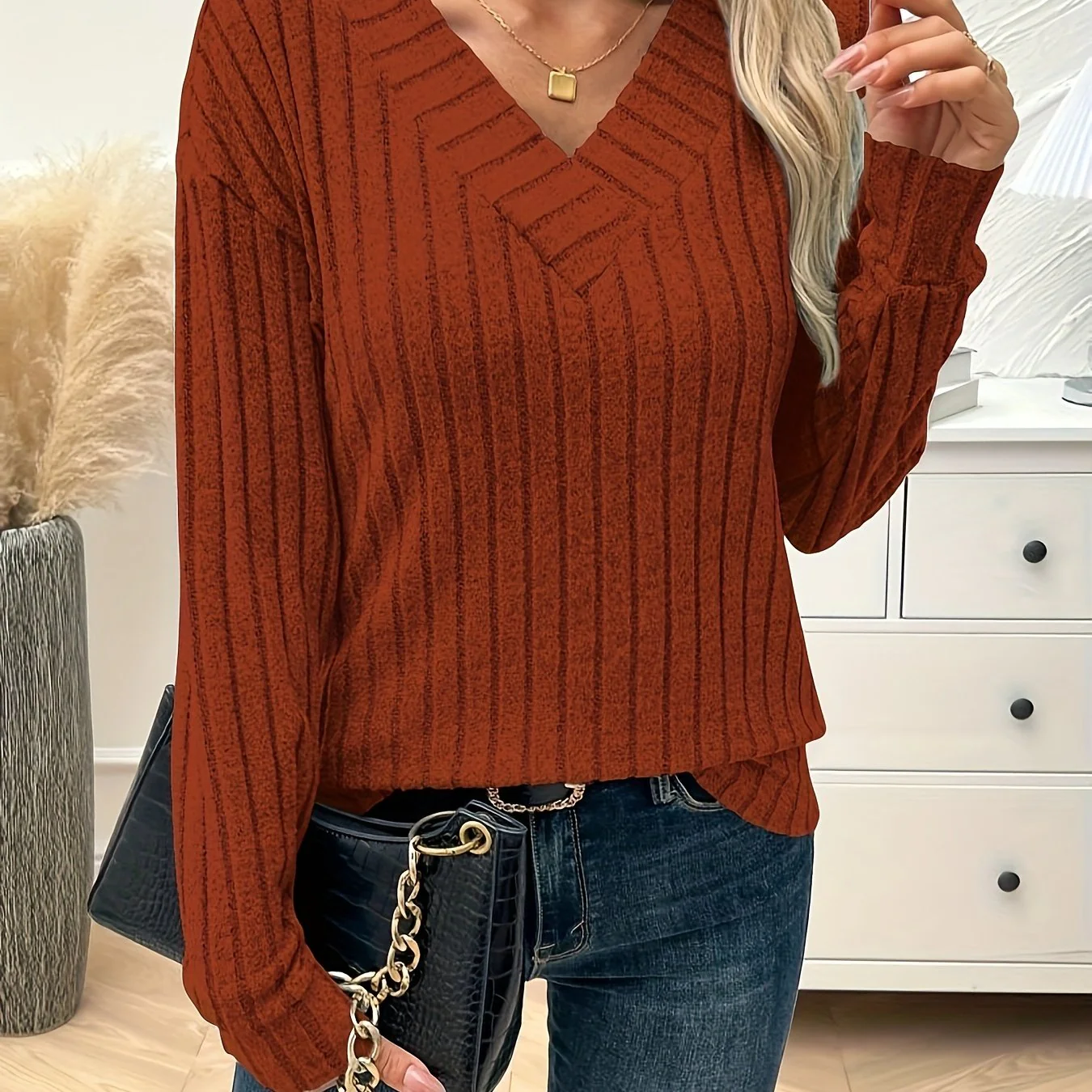Vera | Effen kleur V-hals T-shirt met lange mouw - Image 18
